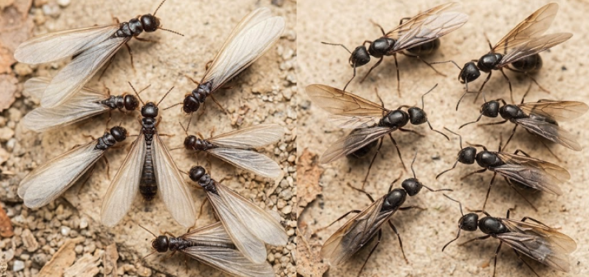 side by side comparison of termites versus flying ants