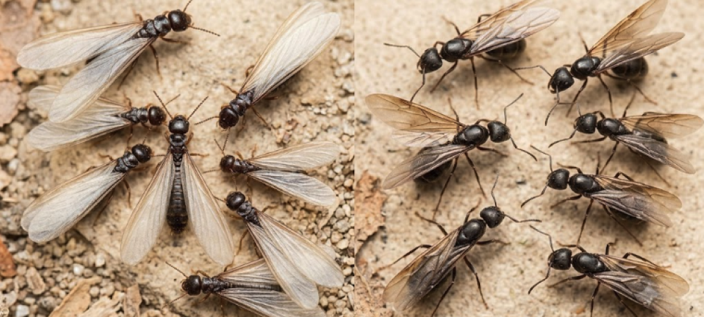 side by side comparison of termites versus flying ants